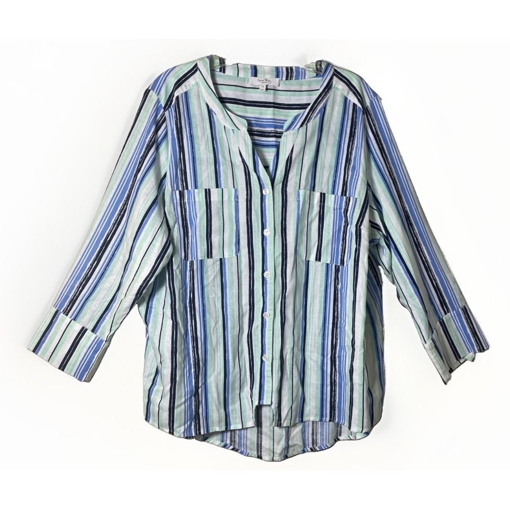 Coral Bay Women Size 1X Linen Rayon Roll Tab Sleeve Striped Shirt Coastal Beach